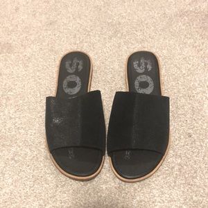 Black shimmer & suede Sorel slides